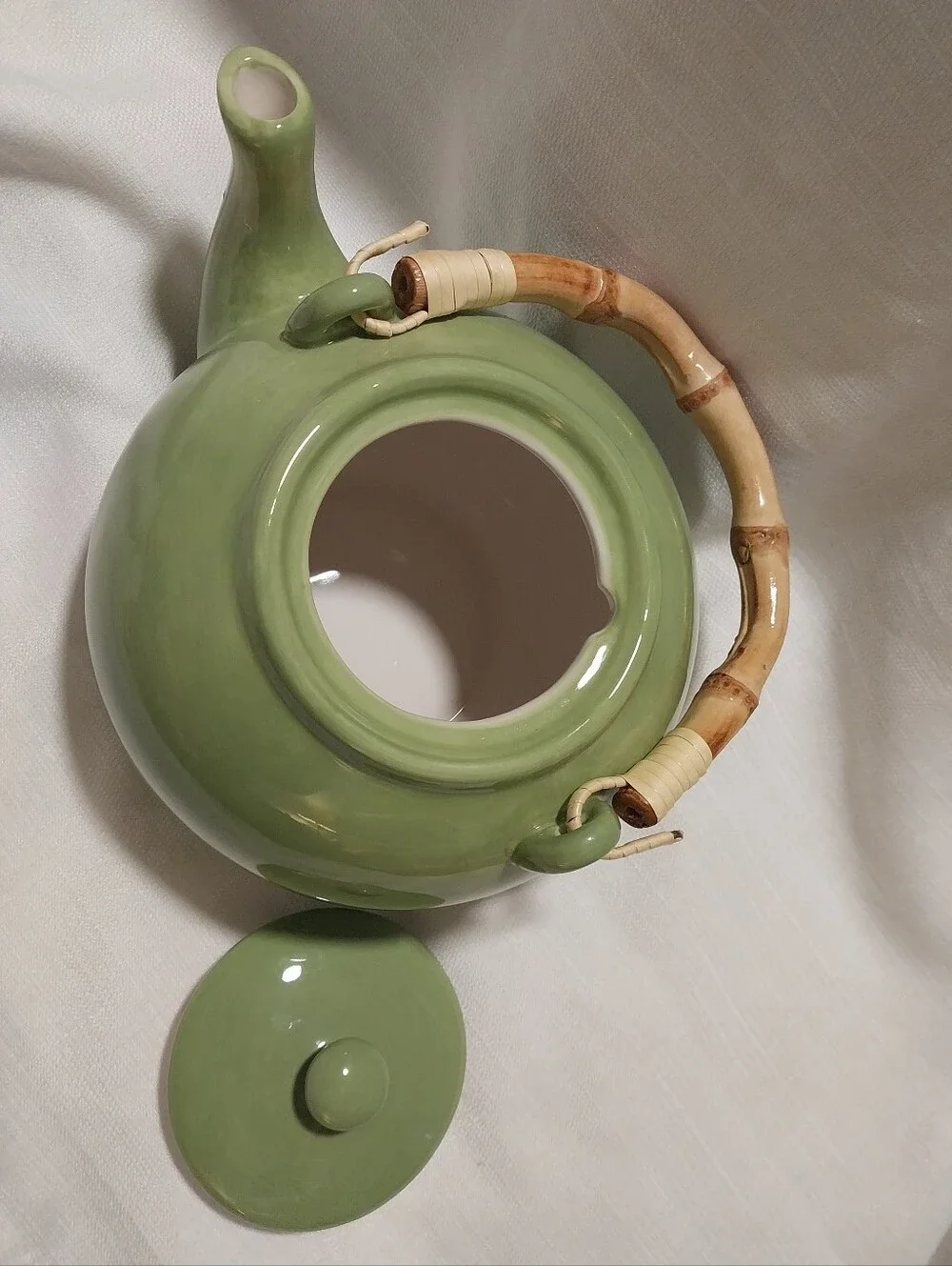 Pottery Barn Sausalito Green Bamboo Handle Teapot
